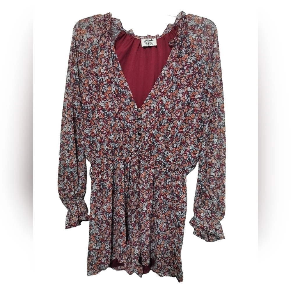 2304) Made With Love Floral Puff Long Sleeve Button front  Romper Size Medium